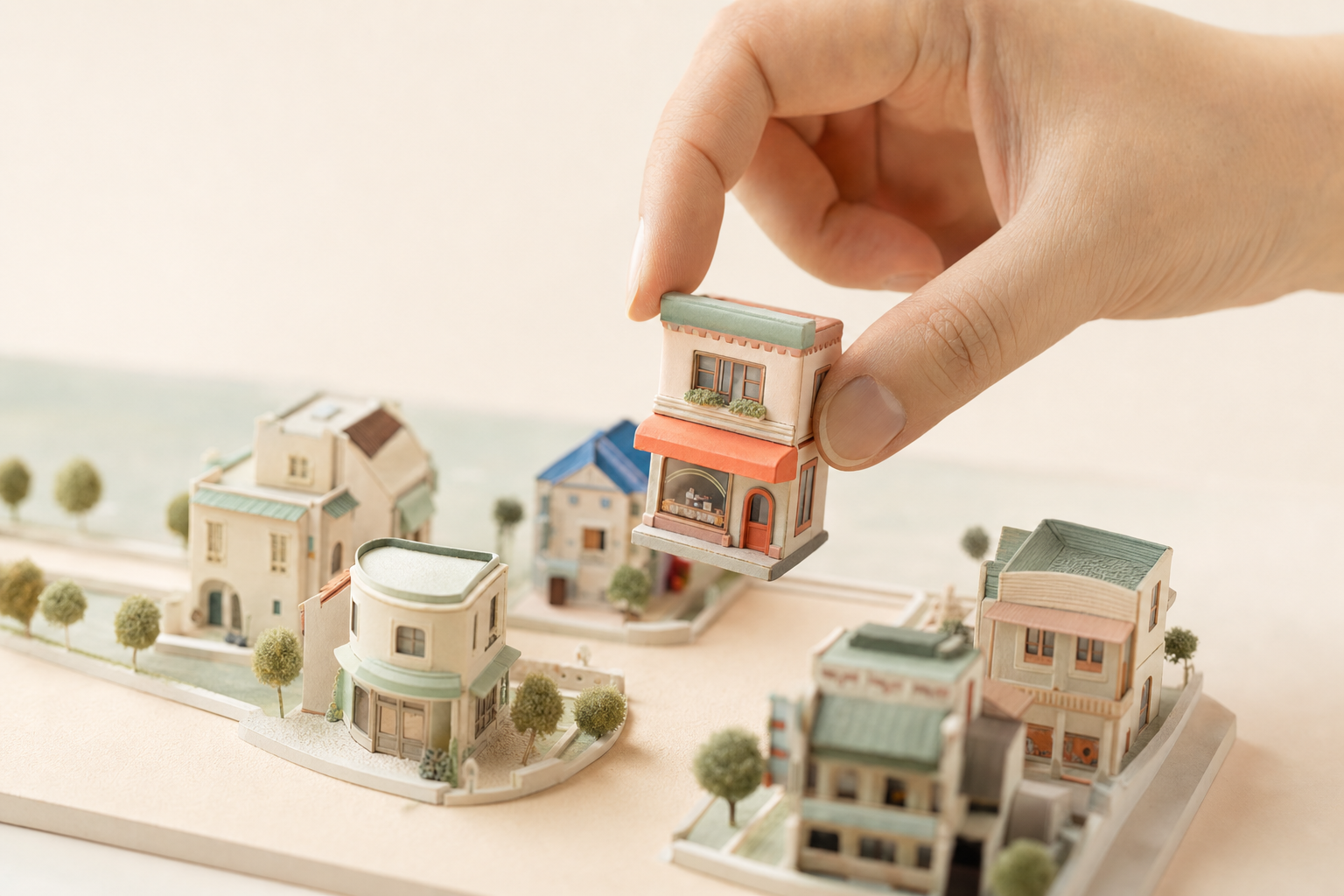 A giant hand placing a tiny shop onto a miniature map