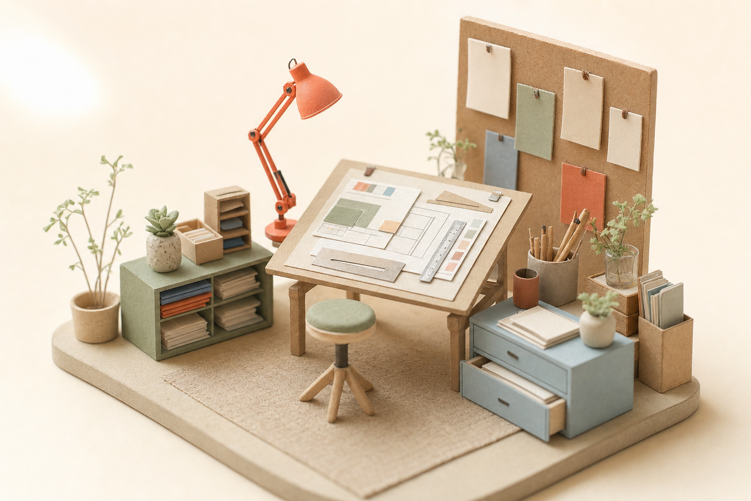 A miniature design studio desk with tiny tools and a coral lamp